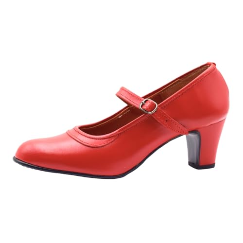 PASARELA - Zapatos de Baile Flamenco de Piel con Hebilla y Clavos Rojo Mujer Cuero Mujer Color: Rojo Talla: 38