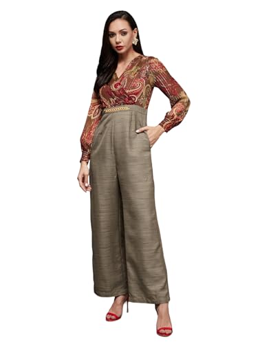 Image of Miss Chase Women's V-Neck Bishop Sleeve Bohemian Patterned Straight Leg Wrap Regular Jumpsuit with Pockets