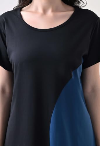 Image of Women's Night Dress Short Sleeve Round Neck Sleepwear with Stylish Contrast Panel, Comfortable Nightwear for Women