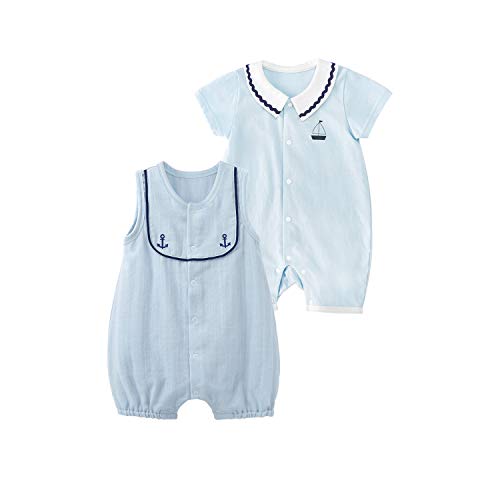 pureborn Baby Boys Girls 2-Pack Short Sleeve Romper Summer Cotton One-Piece Sailor Costumes Blue Anchor+Sailboat 3-6 Months