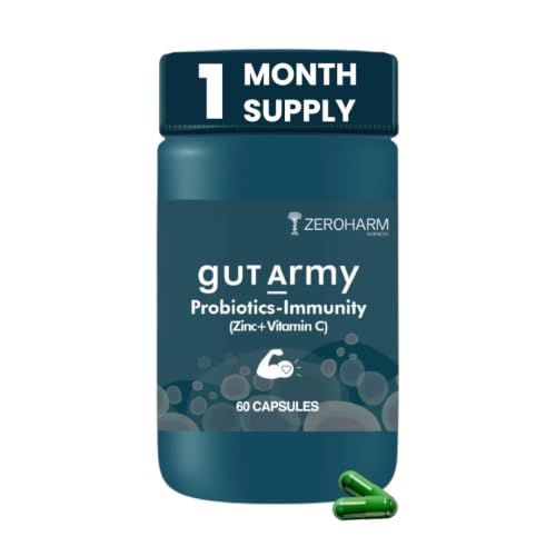 Image of ZEROHARM Gut Army Probiotics & Prebiotics | Psyllium Husk, Lactobacillus Acidophilus, Vitamin C & Zinc | Immunity and Gut Health Supplement | Promotes Natural Gut Health & Digestion | 60 Veg Capsules