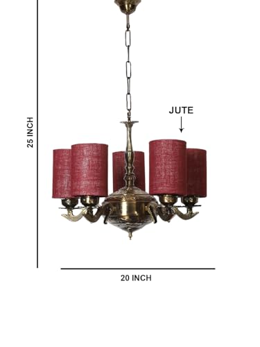 Image of Devansh 05 Lights Maroon Jute Round Shade with Antique Golden Chandelier