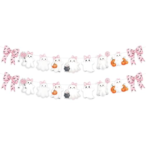 Image of Oudain 2 Pack Pink Halloween Garland Ghost Decor 6.56 ft Cute Pink Bow Bat Pastel Girly Paper Hanging Halloween Banner for Birthday Kids Party Boo Decor a Little Boo Is Almost Due Baby Shower