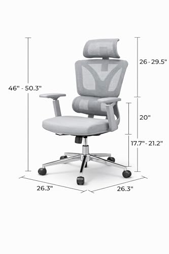 Image of TOBY Ergonomic Office Chair with Adjustable Headrest & Lumbar Support, 4D Armrests, Breathable Mesh Back, Thick Cushioned Seat, Class 4 Hydraulic Gas Lift & Heavy-Duty Base - Grey