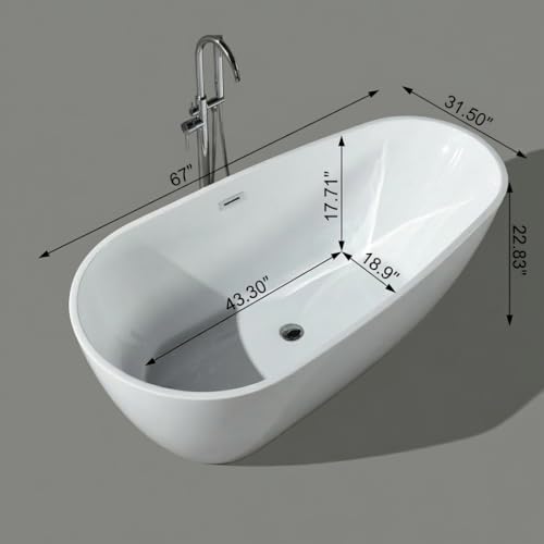 Image of 67 Inch Acrylic Freestanding Bathtub, Deep White Oval Pearl-Shape Soaking Tub, Modern Stand Alone Bathtub with Non-Slip Base, Chrome Overflow & Pop-Up Drain, Easy Assembly for Bathroom, Home, Spa