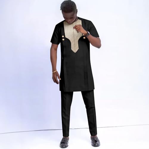 African Suits for Men Embroidery Short Sleeve Shirts and Pants 2 Piece Set Dashiki Outfits Wedding Evening2