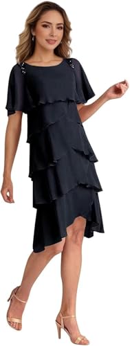 Ruffled Tiered Mother of The Bride Dresses for Women 2025 Chiffon Short Wedding Guest Dress with Sleeves