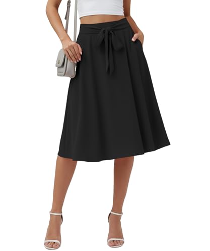 Best Swing Skirts for Boots and Sneakers 13 KUOTAI Women's Flowy Skirt Midi Length High Waist A-Line Skirts with Pockets Flared Below The Knee Skirts, Black, Large