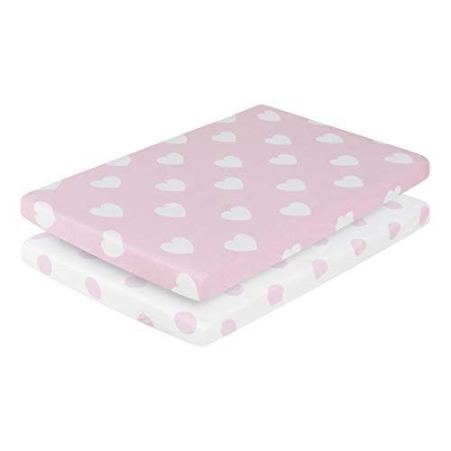 Image of 2 Pack Pack N Play Sheet Set, Portable Crib Sheet Set, 100% Cotton Jersey Knit, Breathable Baby Sheet, Fits Portable Crib Pad/Mattress and Playard Pad/Mattress Pink/White Hearts and Dots