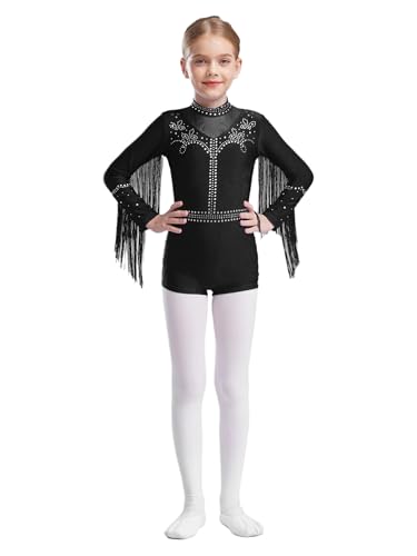 Aislor Mono De Gimnasia Rítmica Para Niñas Leotardo De Ballet Manga Larga Con Flecos Jumpsuit Elástico Leotardo De Patinaje Artístico Negro 15-16 años