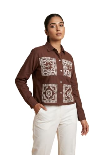 Image of Stylish Women's Embroidered Shirts | Geometric Pattern Half Sleeve Collared Button-Up Casual Shirt for Women
