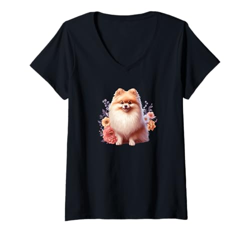 Femme Cute Funny Flowers Floral Girls Womens Pomeranian Lover T-Shirt avec Col en V