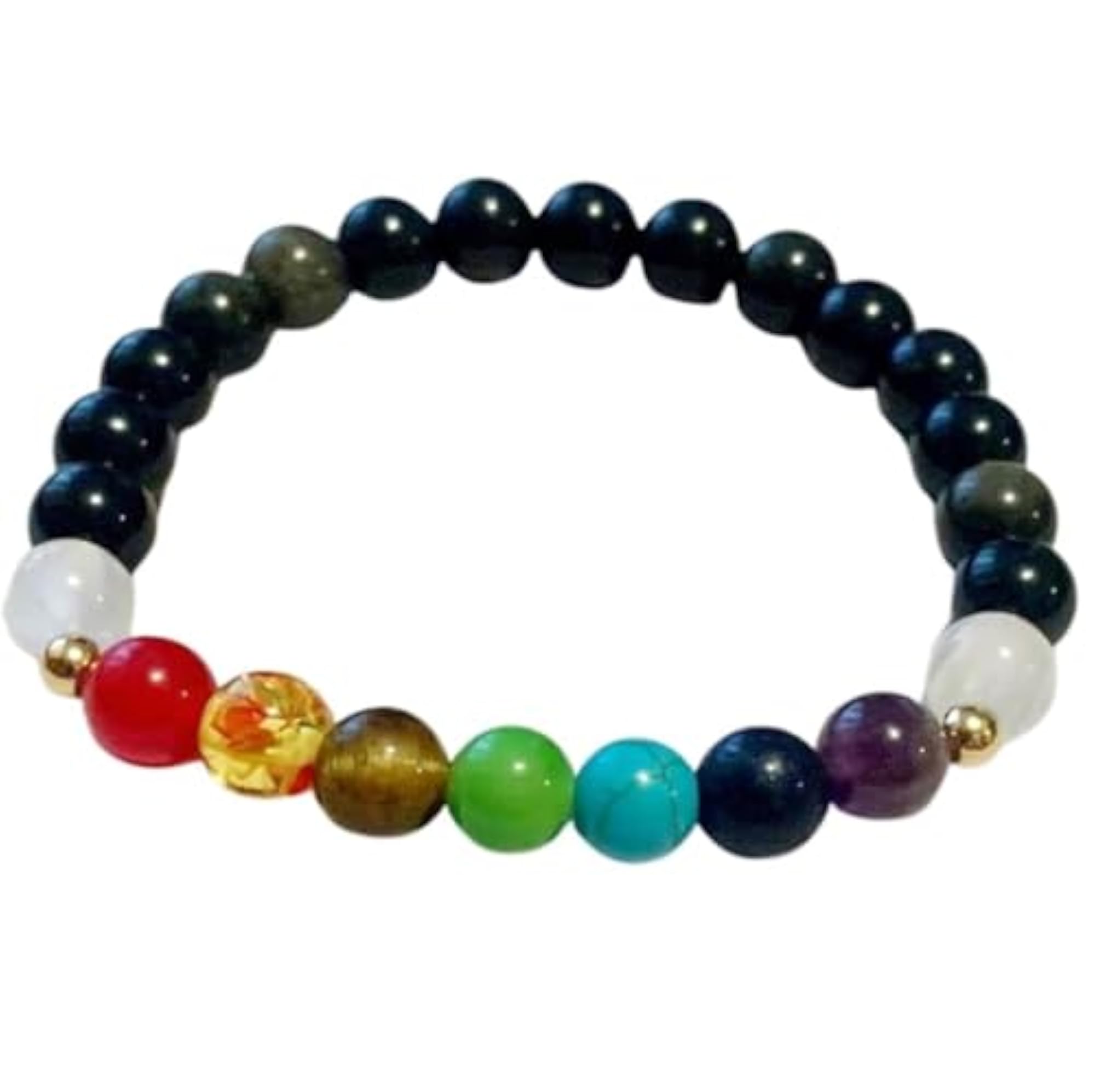 Natural 7 Chakra & Black Obsidian Gemstone Stretch Bracelet, Unisex Healing