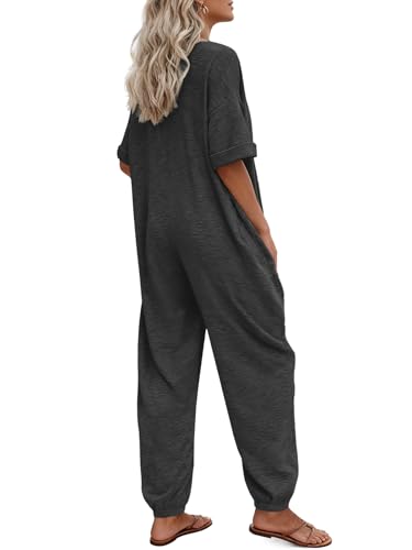 Nirovien Womens Short Sleeve Jumpsuits Casual V Neck Long Rompers Beam Foot Baggy Jumpers Summer Outfits