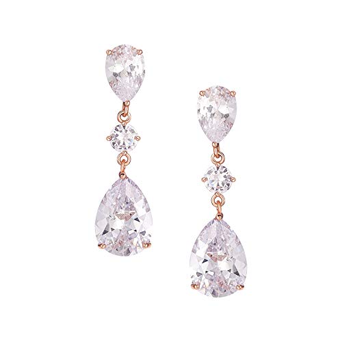 SWEETV Rose Gold Teardrop Wedding Earrings for Brides Birdesmaids, Crystal Cubic Zirconia Bridal Drop Earrings for Wedding Women Prom