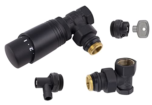 Kit raccordement radiateur noir mat 15x21 (1/2) robinet equerre + coude de réglage + robinet de vidange eau + bouchon purgeur air + tête thermostatique filetage...