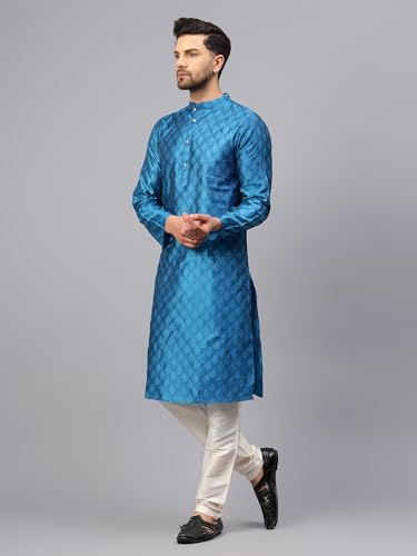 Image of LATEST CHIKAN Men's Silk Chikankari Kurta with Cream Churidar | Festive Set - KP Silk BANARSI