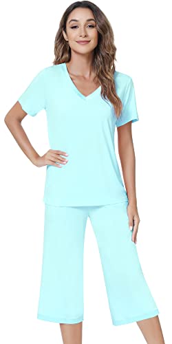 Image of NACHILA Bamboo Viscose Pajamas for Women Lace V Neck Capri Pants Pjs Set