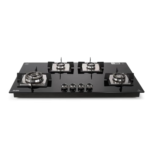 Image of Glen 4 Burner Gas Hobtop 90 cm | Built-In Hob Auto Ignition | 8 mm Toughened Glass Top | Forged Brass Double Ring Burner | Black | 2 years standard & 5 years glass Warranty| 1094XLSQHTDBTR