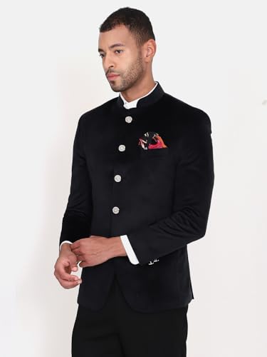 Image of MANQ Men Slim Fit Bandhgala Velvet Blazer - Mandarin Collar, Button Closure, Long Sleeves, Solid Ethnic Winter Wear with Three Pockets for Adults