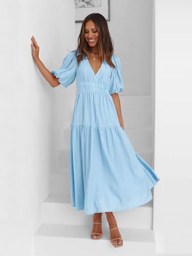 Image of Womens Deep V Neck Puff Short Sleeve Tired Maxi Dress Boho Long Flowy Summer Dresses