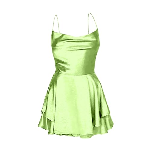Satin-Kleid für Frauen rückenfreies kurzes Strampler Kleid Sexy Wasserfallausschnit Rüschen Spaghettiträger Jumpsuit Minikleid Grün L