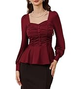 Belle Poque Peplum Tops for Women Square Neck Long Sleeve Blouses Ruffle Hem Smocked Elegant Shirts