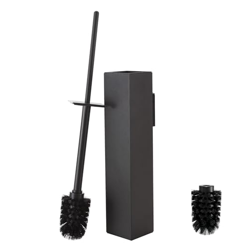 Toilet Brush and Holder Wall Mounted Black Aluminum with 2 Replaceable Heads Bathroom Toilet Brush Drill or 3M Adhesive Mount Removable Liner and Splash Guard Modern Square Design