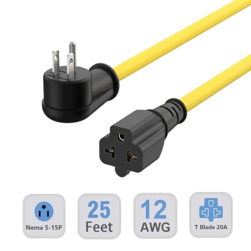 25-FT 12AWG Right-Angle 15 Amp to 20-Amp Extention Cord,90-Degree 15Amp Household Plug to 20Amp Heavy Duty Extention-Cable, Nema 5-15P to 5-20R,5-15P to 6-15R/20R,125V 15A to 20A-Angled Extension Cord - Thumbnail 2