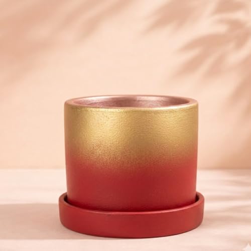 Image of Urban Upvan Terracotta Flower Pots for Garden, Dining Table & Home Decor | Elegant Planter for Living Room & Indoor Plants| Gold & Red