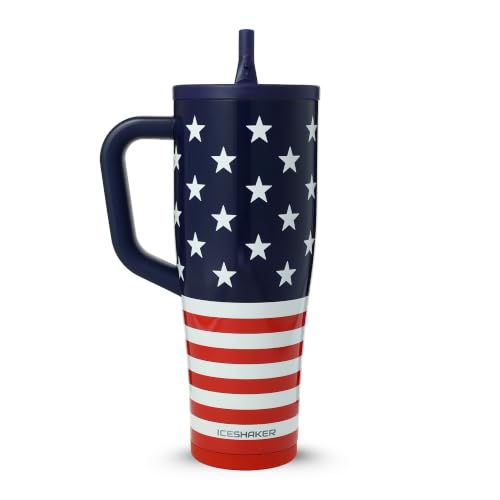 Image of Ice Shaker 40 oz Tumbler with Handle and Straw | 40oz Stars & Stripes | Cold for 30+ Hours | 2-in-1 Tumbler Shaker Bottle | Odor-Free 40 ounce Bottle for Water, Protein Shakes, Smoothies, Cocktails