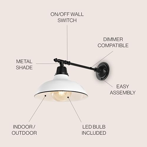 JONATHAN Y 12.25" White/Black 1-Light Industrial Farmhouse Outdoor Sconce, Iron Wall Light with LED Bulb, Metal Bowl Shade, Vintage Porch Lamp for Entryway Patio Kitchen JYL7615A by JONATHAN Y - Image 3