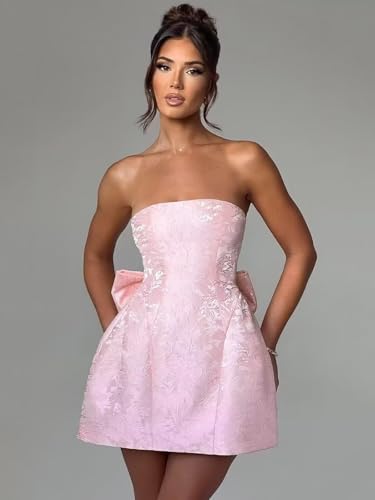 Jacquard Satin Homecoming Dresses with Bow Cute Strapless Mini Short Cocktail Party Gown2
