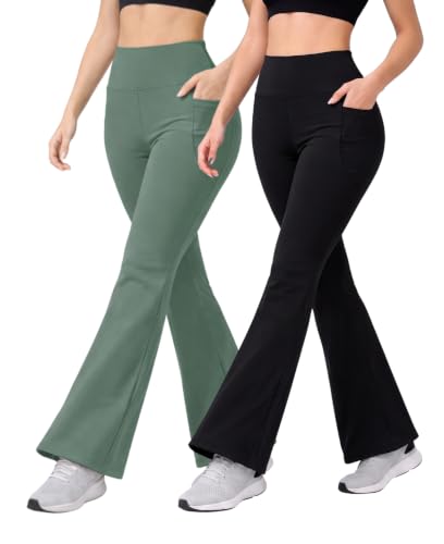 Image of Women's High Waist Bootcut Yoga Pants with Side Pockets | Flared Gym Leggings for Women | Stretchable Workout Bell Bottom Tights for Yoga, Gym, Running & Casual Wear Pack of 2