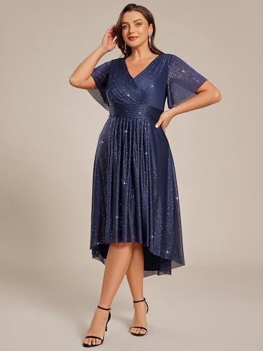 Image of Ever-Pretty Plus V Neck Short Sleeves Glitter Pleated Midi Plus Size Cocktail Wedding Guest Dresses for Curvy Women