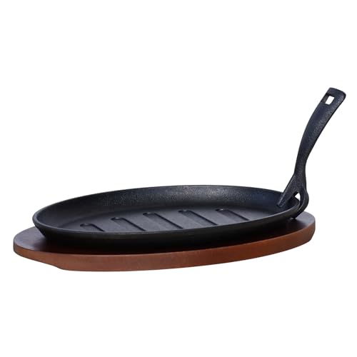 Buckingham Pre-Seasoned Cast Iron Serving Dish Steak Platter Fajita Sizzler with Wooden Stand 28 cm