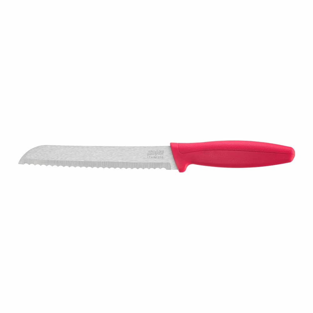 KOHE Premium Stainless Steel Bread Knife Wide Serrated BK - | Set of 1 | Color: Red, for Cutting Bread Without Tearing & Slicing Thick Loaves effortlessly 291mm