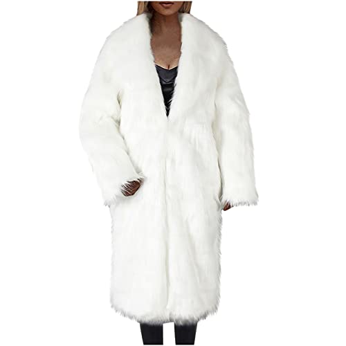 XUNRYAN Women Shaggy Winter Warm Faux-Fur Coat Maxi Long Fleece Plush Jackets Notch Lapel Cardigan Trench Coats Outerwear