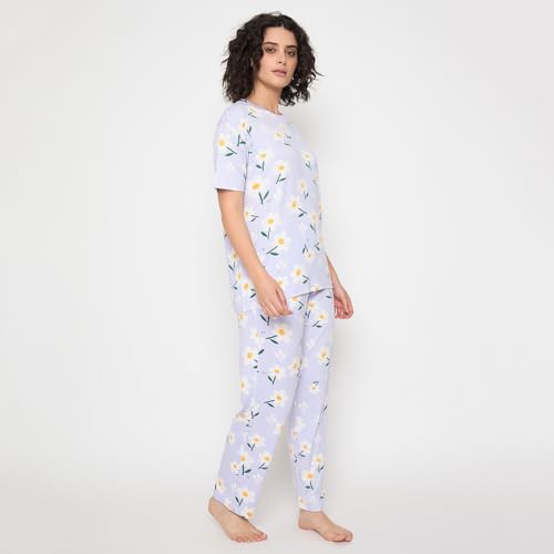 Image of CAMEY Women's Printed Pyjama Set, Short Sleeve T-Shirt and Trousers, Women Nightsuit, Loungewear Sets