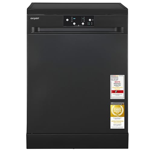 Exquisit Geschirrspüler | 60cm Breite, 14 Gedecke, Energieklasse D, 49 dB |Startzeitverzögerung, Aquastop, Mehrfach Wasserschutz, höhenverstellbarer Oberkorb, Edelstahl-Bottich | GSP9114-450D schwarz