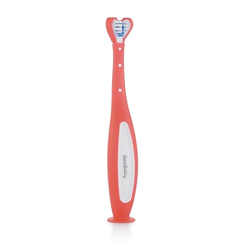 Image of BeeBaby Triple Angle Brush Buddy Toothbrush for Kids 3-6 Years. Suction Cup, 3 Side Super Soft Time to Change Indicator Bristles Ideal for Milk & Permanent Teeth. 100% BPA Free. Pink