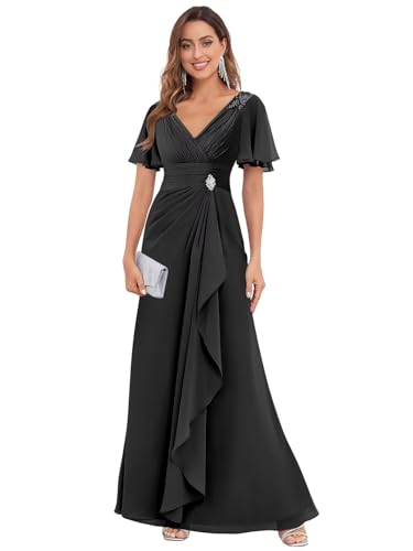 Women's V Neck Mother of The Bride Dresses for Wedding Chiffon Pleated Long Evening Formal Gown