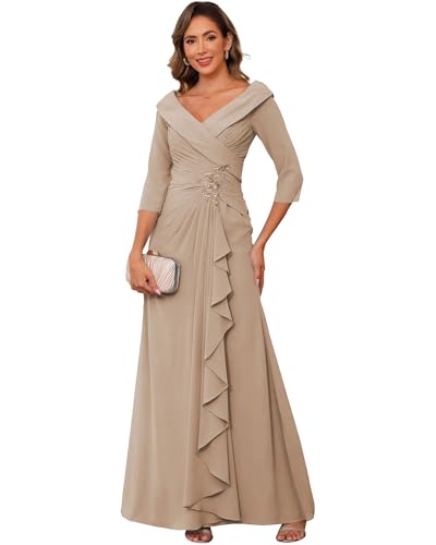 Chiffon Mother of The Bride Dresses for Wedding - with 3/4 Sleeves Ruched Long Ruffles Applique Formal Dress