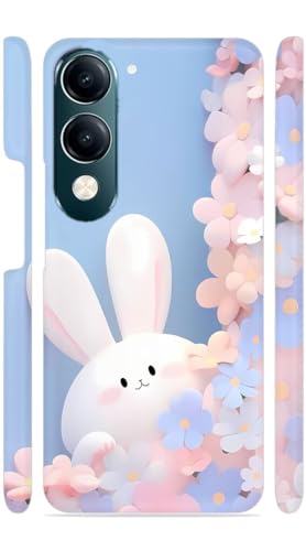 Image of White Bunny Blue Flowers Designer Printed Hard Back Cover for Vivo Y19 5G Attractive and Uniquely Crafted Smartphone Case