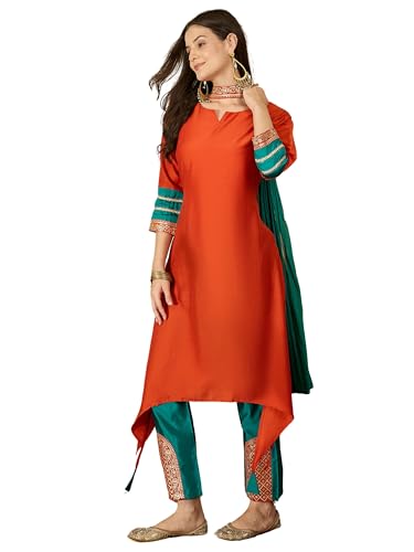 Image of EthnicJunction Women's Cotton Silk Embroidered Asymmetric Kurta Pant with Choker Dupatta Set | Wedding Outfit | Heavy | Kurta Set | Ethnic Set