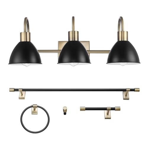 Image of GLOBE Electric 63000058 5-Piece All-in-One Bathroom Accessory Set, Brass & Black, 3-Light Vanity Light, Towel Bar, Toilet Paper Holder, Towel Ring, Robe Hook, Bathroom Lights Over Mirror