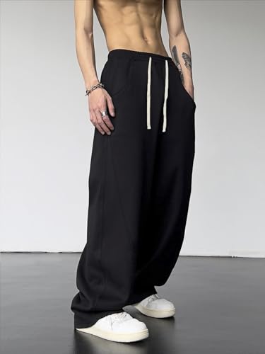 Mens Casual Pants Y2k Baggy Elastic Waist Drawstring Wide Leg Sports Track Mens Athletic Sweatpants with Pockets4