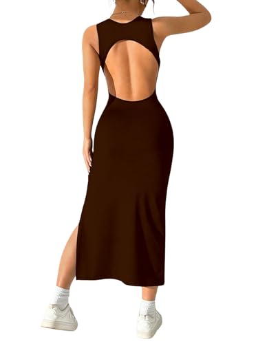 Image of Aahwan Women Bodycon Black Solid Simple Sleeveless Fish Tail Hem Backless Dress