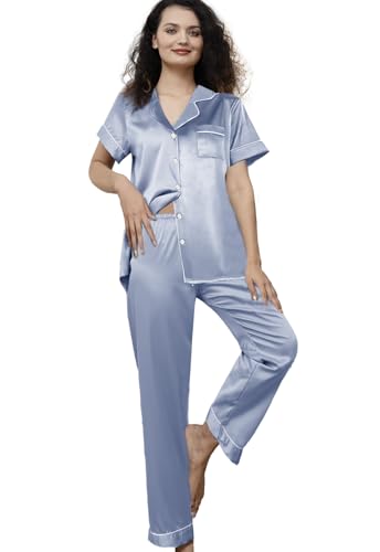 Image of WJing Yi Jia Womens Pajamas Set XS-4XL Floral Silk Satin Pajama Sets Silky Pj Sets 2Pcs Loungewear Sleepwear Button Down Pjs