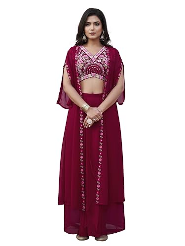 Womanista Women's Georgette Solid Straight Crop Top With Skirt & Jacket (Kurtaset_1388_Fuschia